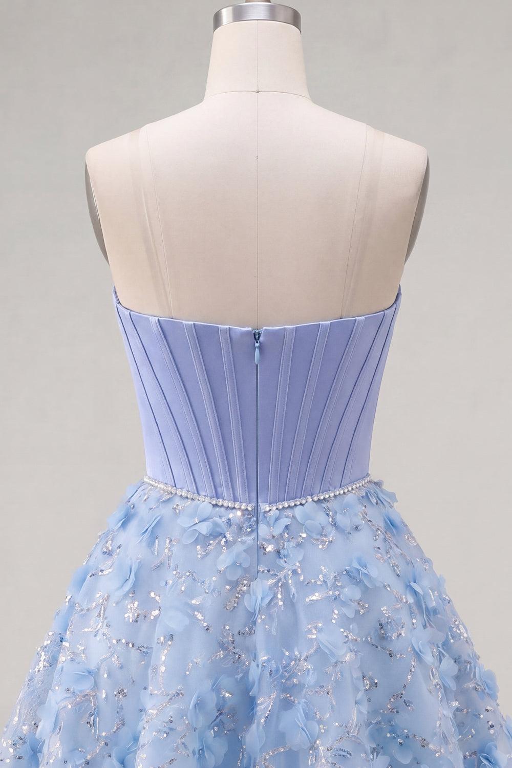 Sparkly Blue A Line Short Strapless Corset Floral Beaded Homecoming Dress