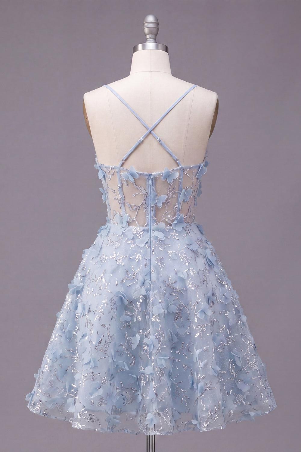 Sparkly Blue Short Sequin Spaghetti Straps Floral A Line Corset Homecoming Dress