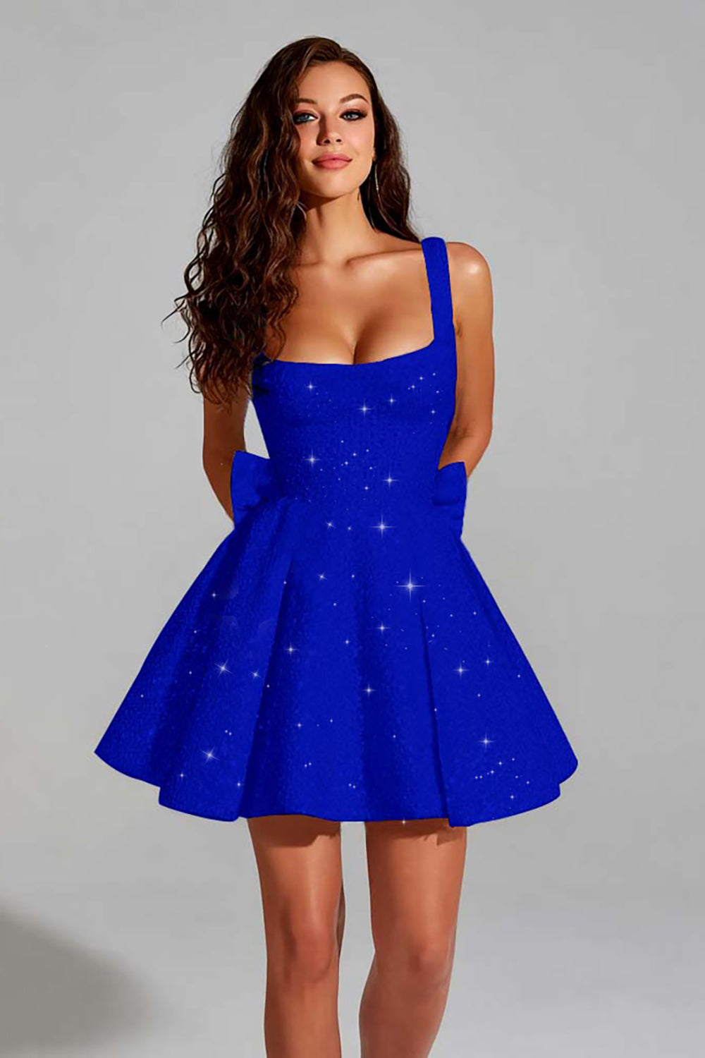 Sparkly Royal Blue A Line Square Neck Short Homecoming Dress with Bow