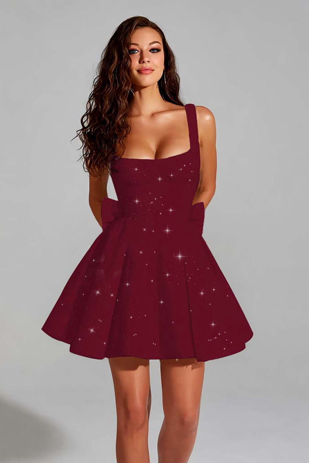 Sparkly Burgundy A Line Square Neck Short Homecoming Dress with Bow