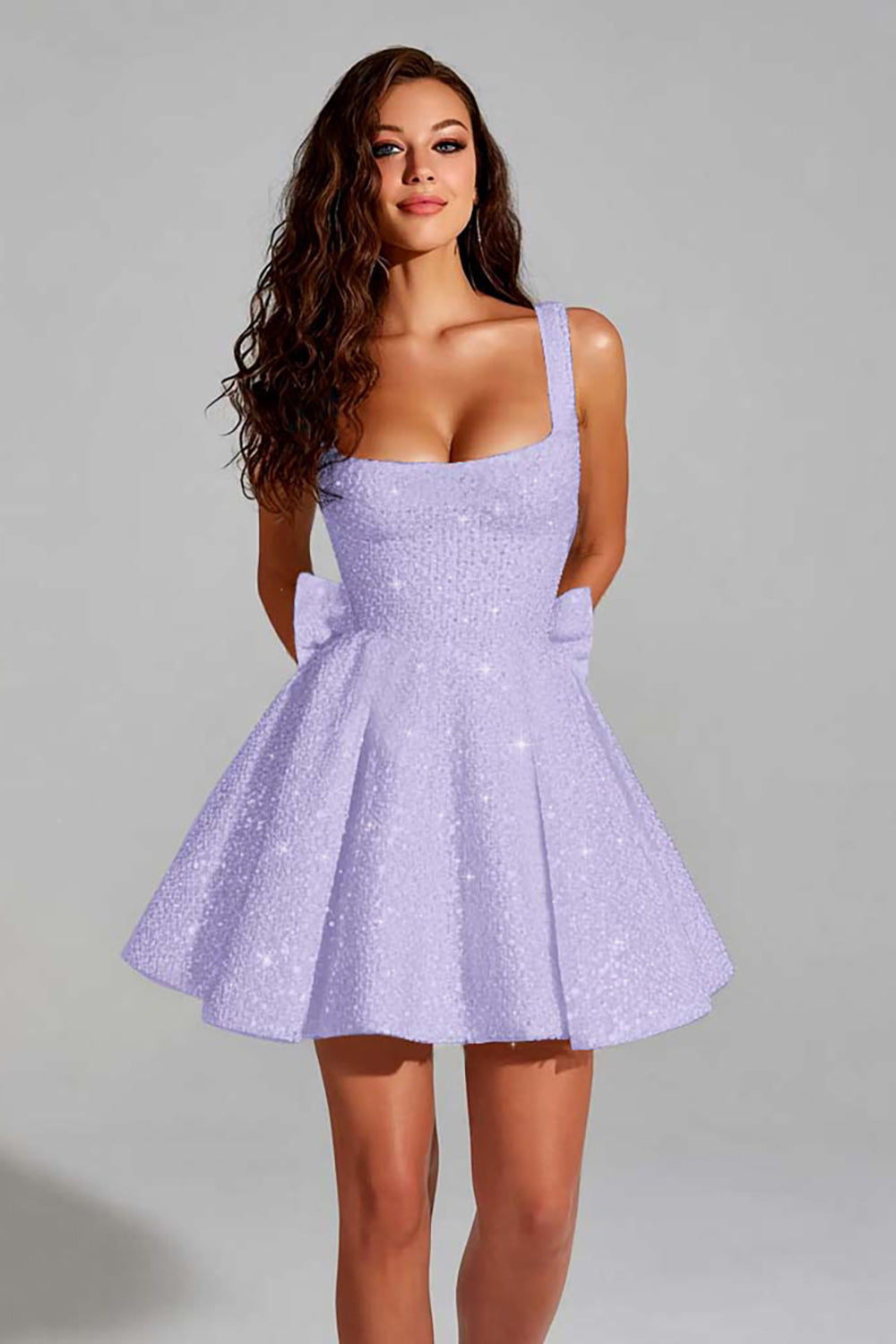Sparkly Lilac A Line Square Neck Short Homecoming Dress with Bow