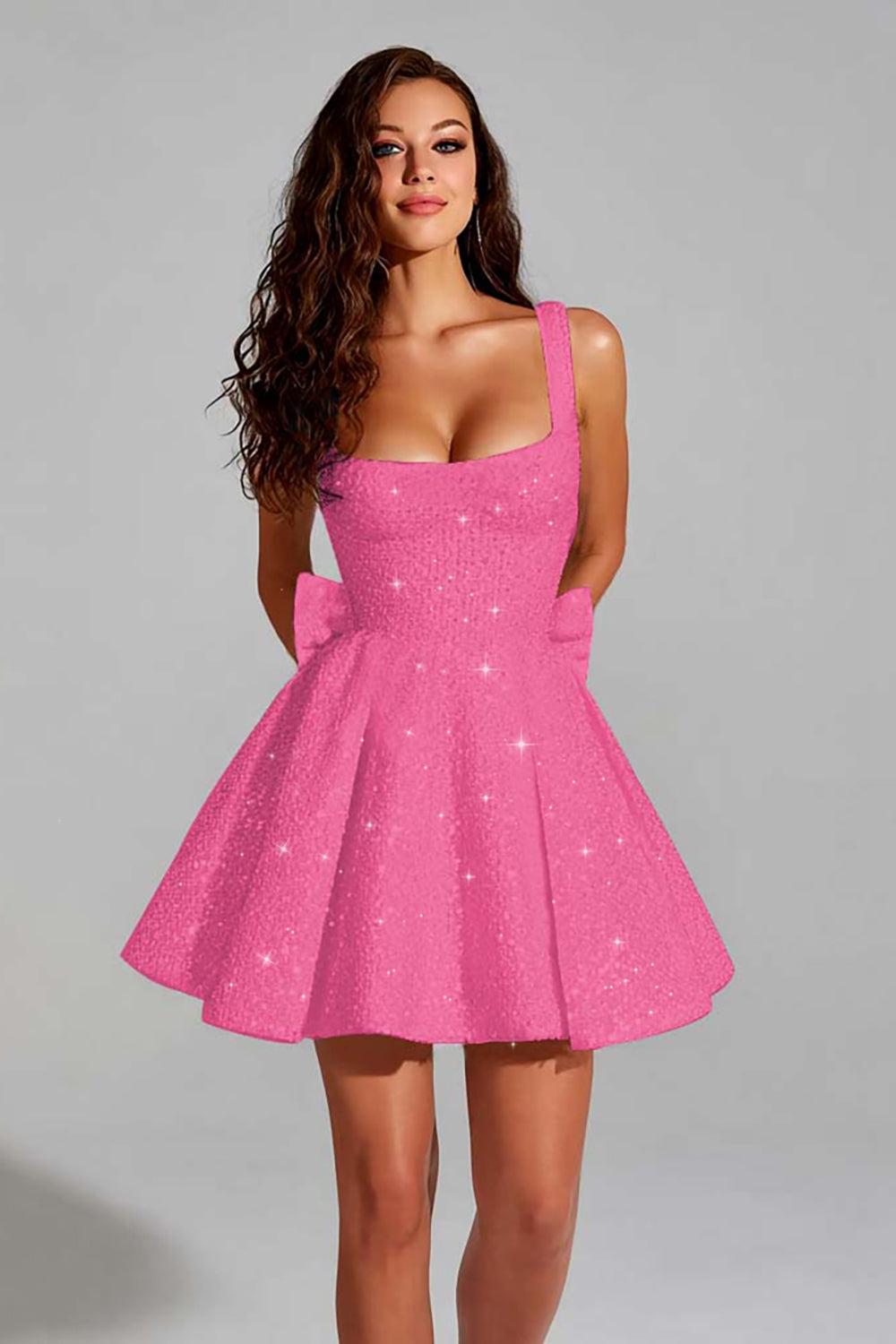 Sparkly Hot Pink A Line Square Neck Short Homecoming Dress with Bow