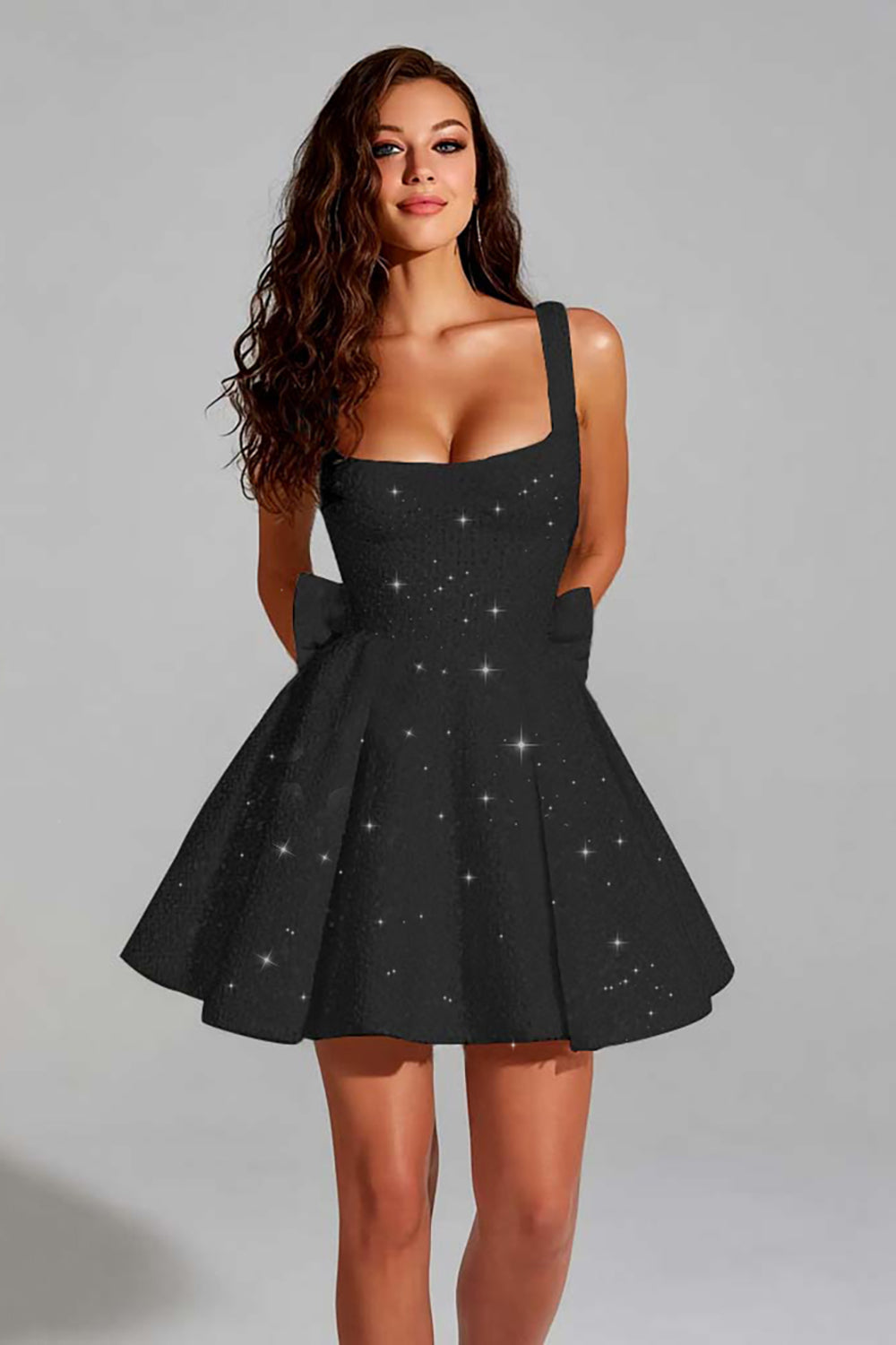 Sparkly Black A Line Square Neck Short Homecoming Dress with Bow