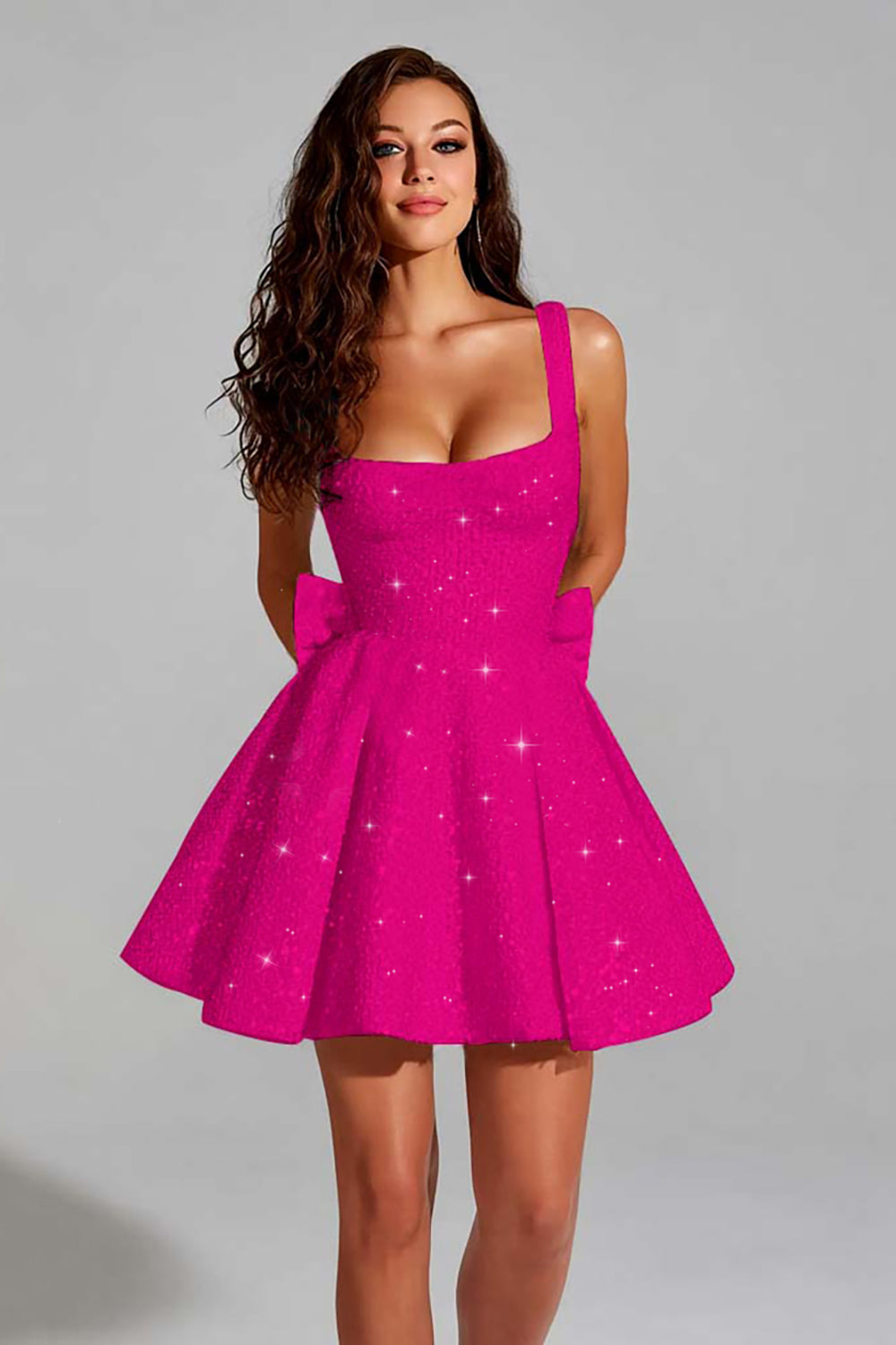 Sparkly Fuchsia A Line Square Neck Short Homecoming Dress with Bow