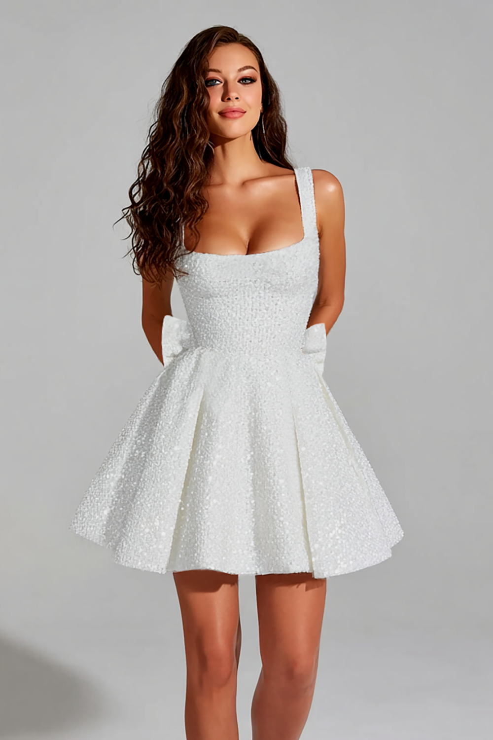 Sparkly White A Line Square Neck Short Homecoming Dress with Bow