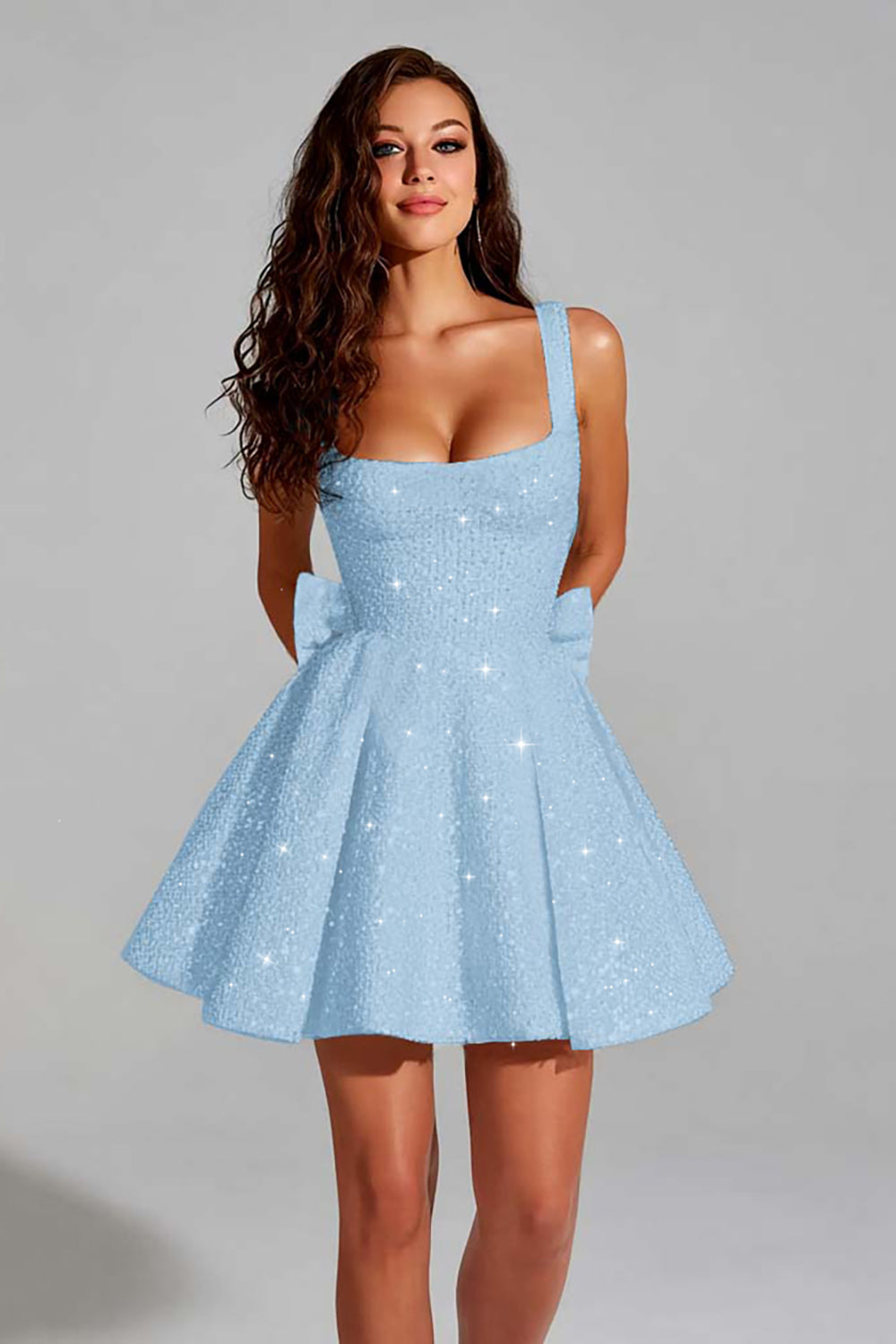 Sparkly Light Blue A Line Square Neck Short Homecoming Dress with Bow
