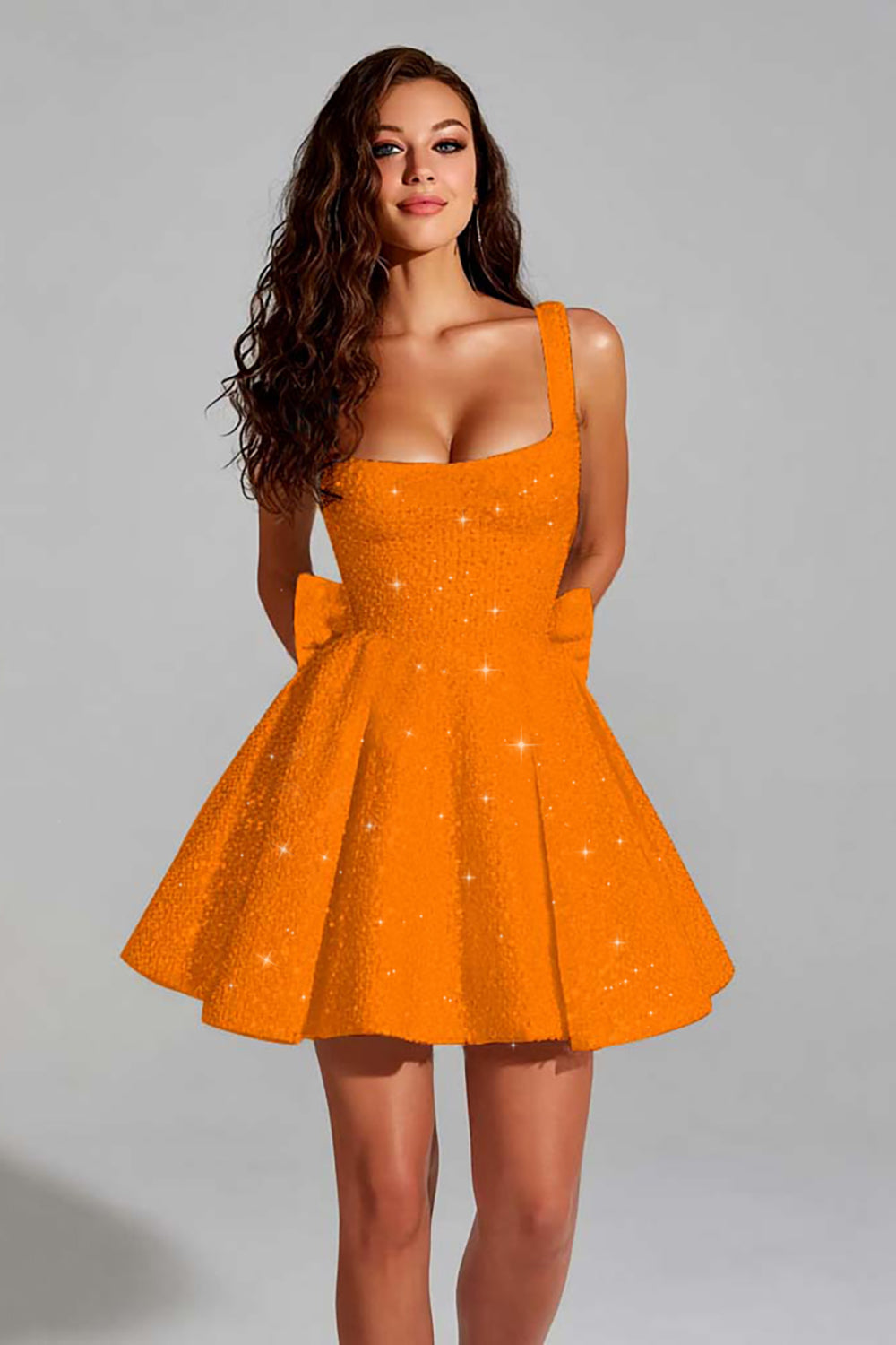 Sparkly Orange A Line Square Neck Short Homecoming Dress with Bow