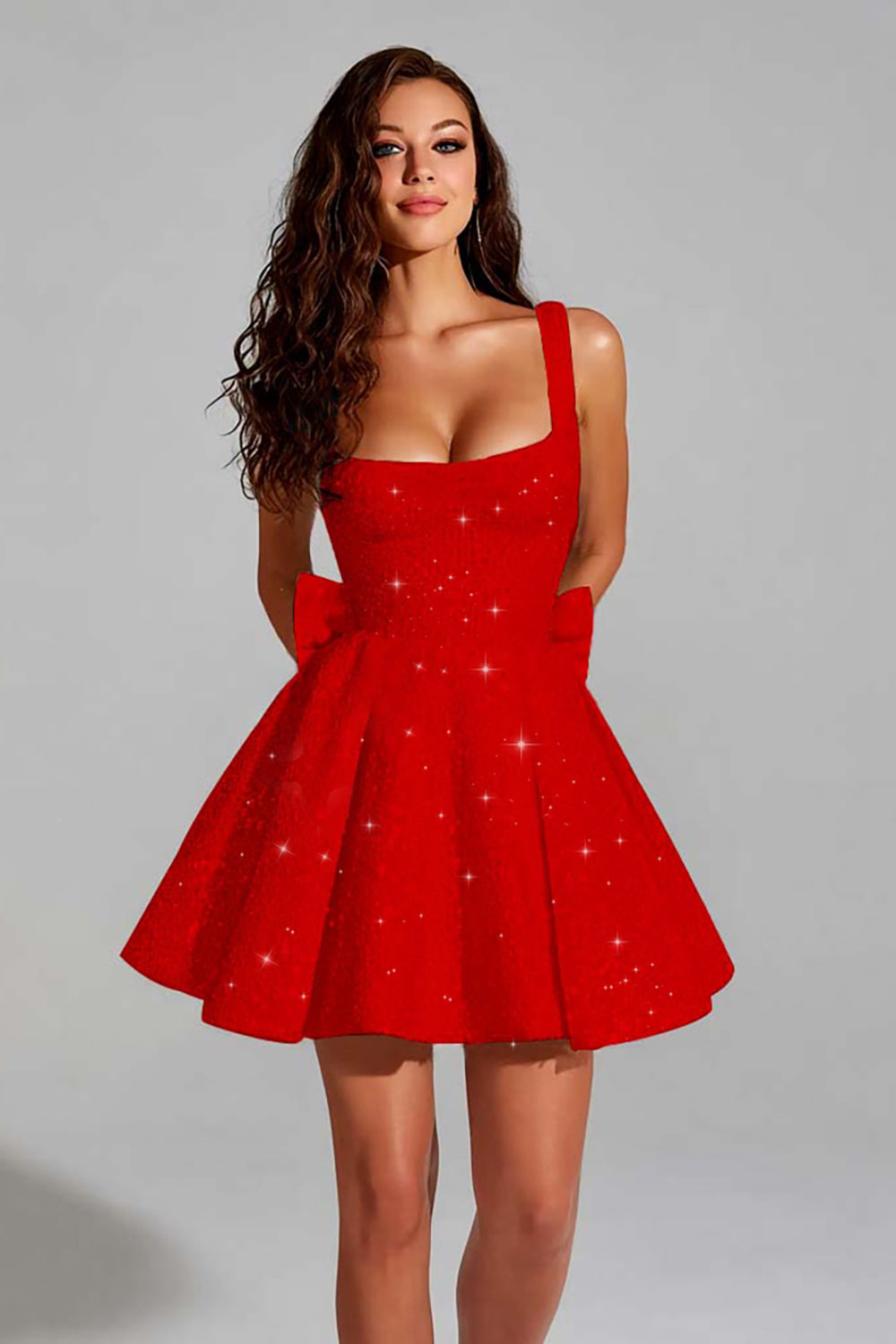 Sparkly Red A Line Square Neck Short Homecoming Dress with Bow