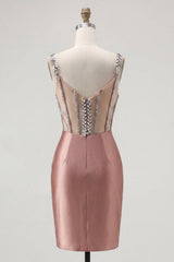 Sparkly Blush Spaghetti Straps Beaded Corset Tight Short Homecoming Dress