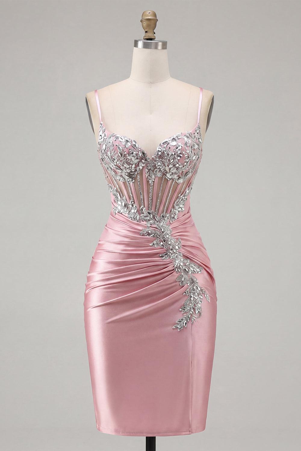 Sparkly Blush Spaghetti Straps Beaded Tight Corset Short Homecoming Dress