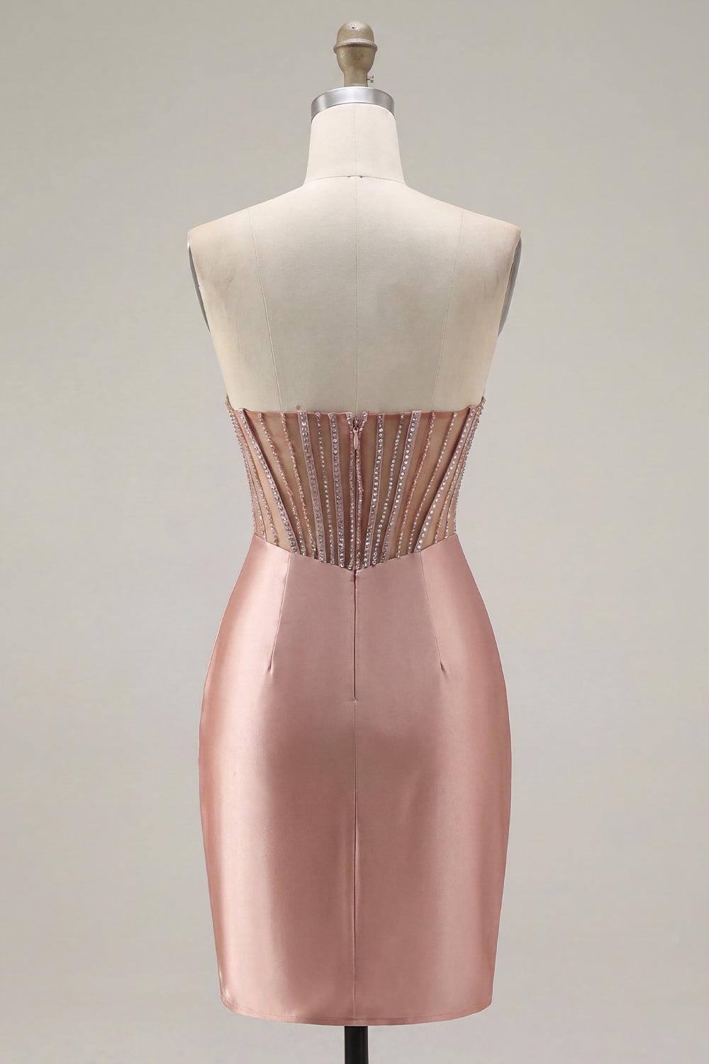 Sparkly Blush Corset Tight Short Strapless Ruched Homecoming Dress with Slit