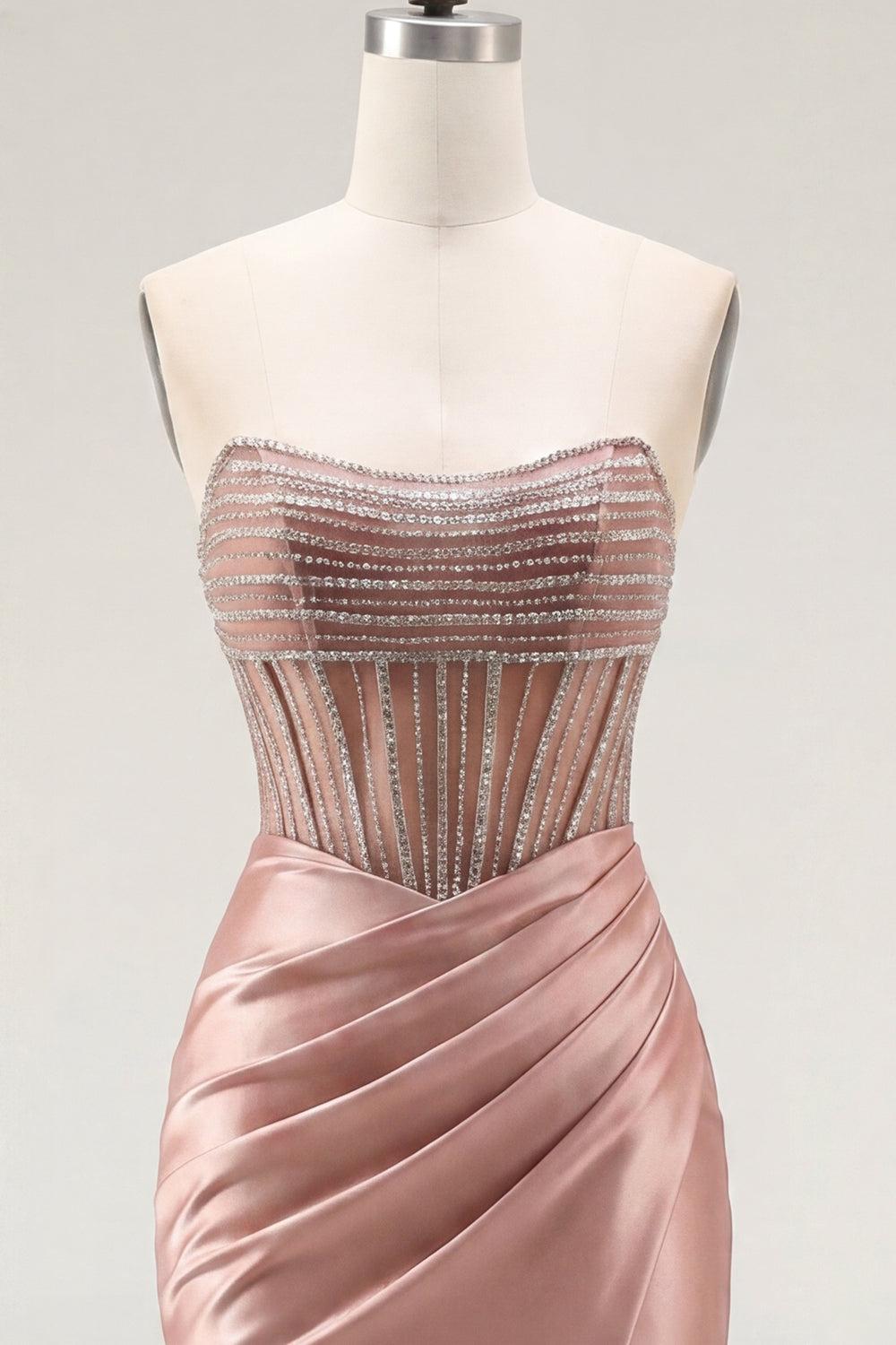 Sparkly Blush Corset Tight Short Strapless Ruched Homecoming Dress with Slit