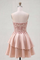 Sparkly Champagne Beaded A-Line Corset Short Homecoming Dress with Ruffles