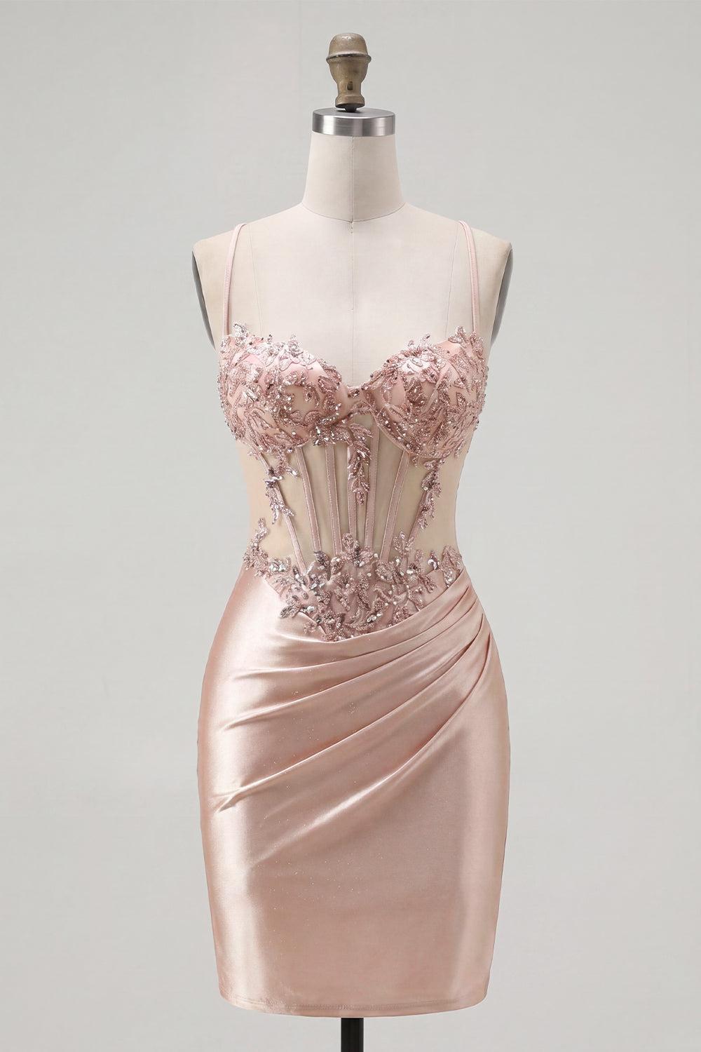 Sparkly Champagne Beaded Ruched Corset Tight Short Homecoming Dress