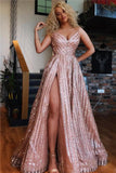 Sparkly Champagne Pink Sequins Prom Dresses | Sexy Split Spaghetti Straps Evening Gowns  BC0364