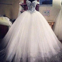 Sparkly Crystal Ball Gown Corset Wedding Dress with Beadings Sweetheart Tulle Princess Bridal Gown