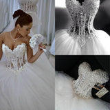 Sparkly Crystal Ball Gown Corset Wedding Dress with Beadings Sweetheart Tulle Princess Bridal Gown