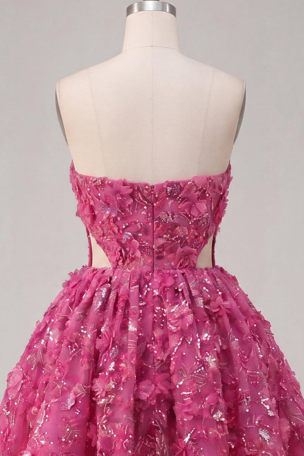 Sparkly Fuchsia A Line Corset Cut Out Floral Beaded Short Homecoming Dress