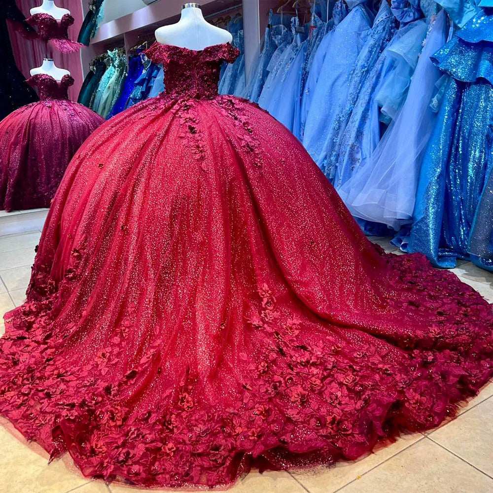Sparkly & Glitter Ball Gown Off Shoulder Floral Appliques Red Tulle Quinceanera Dress Princess Birthday Party Gown For Sweet 16