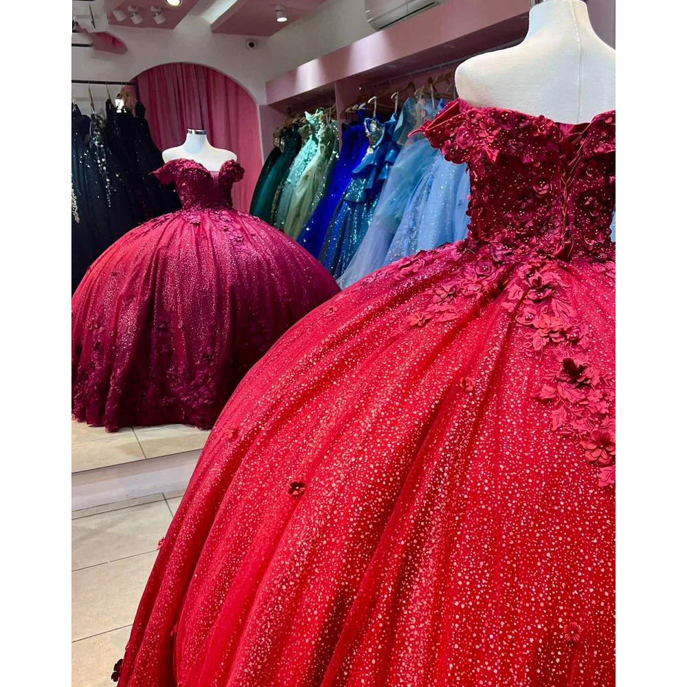Sparkly & Glitter Ball Gown Off Shoulder Floral Appliques Red Tulle Quinceanera Dress Princess Birthday Party Gown For Sweet 16