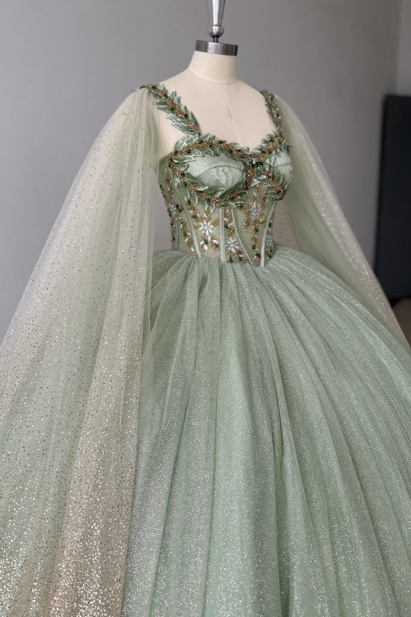 Sparkly & Glitter Ball Gown Sweetheart Neck Sleeveless Beaded Sage Tulle Green Quinceanera Dress Formal Evening Party Gown For Sweet 16