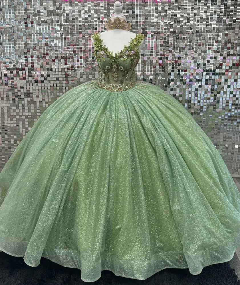 Sparkly & Glitter Ball Gown Sweetheart Neck Sleeveless Beaded Sage Tulle Green Quinceanera Dress Formal Evening Party Gown For Sweet 16