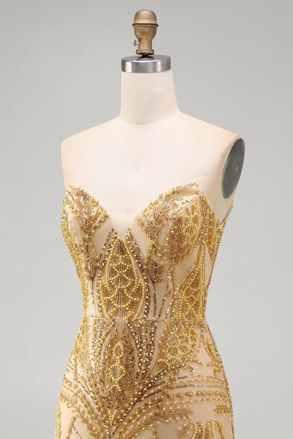 Sparkly Gold Beaded Tight Short Homecoming Dress