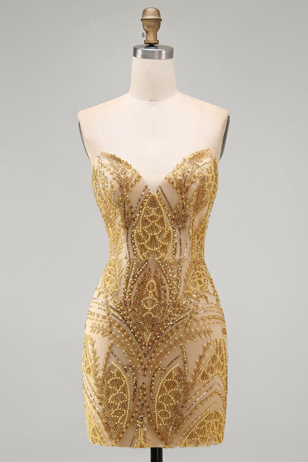 Sparkly Gold Beaded Tight Short Homecoming Dress