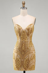 Sparkly Gold Beaded Tight Short Homecoming Dress