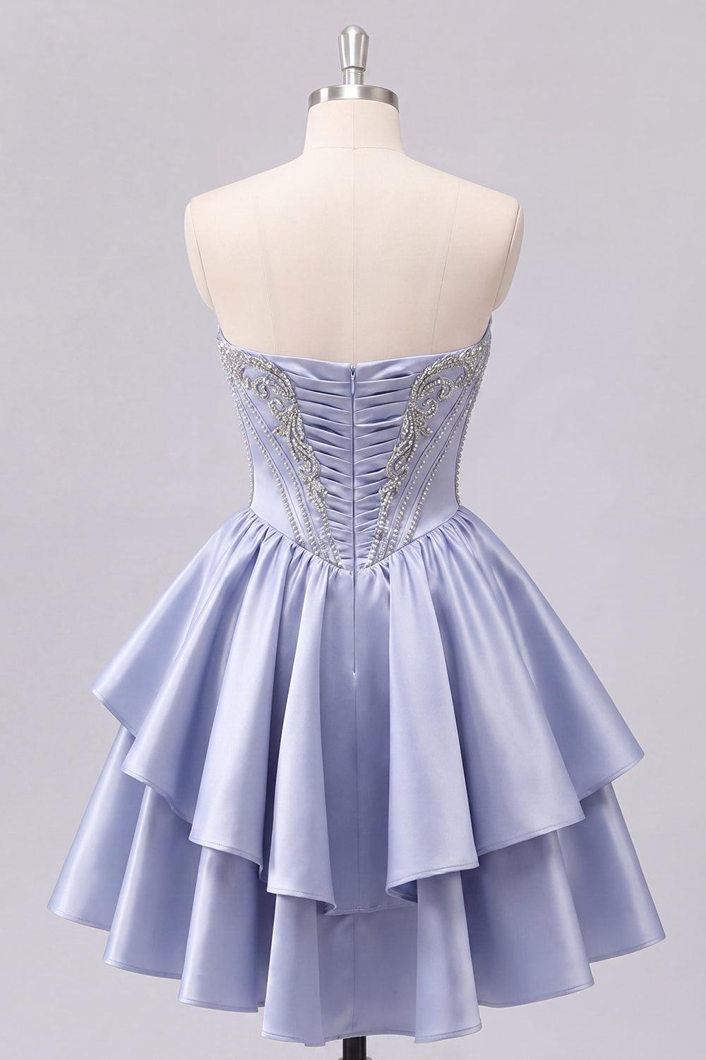 Sparkly Grey-Blue Beaded A-Line Corset Short Homecoming Dress with Ruffles