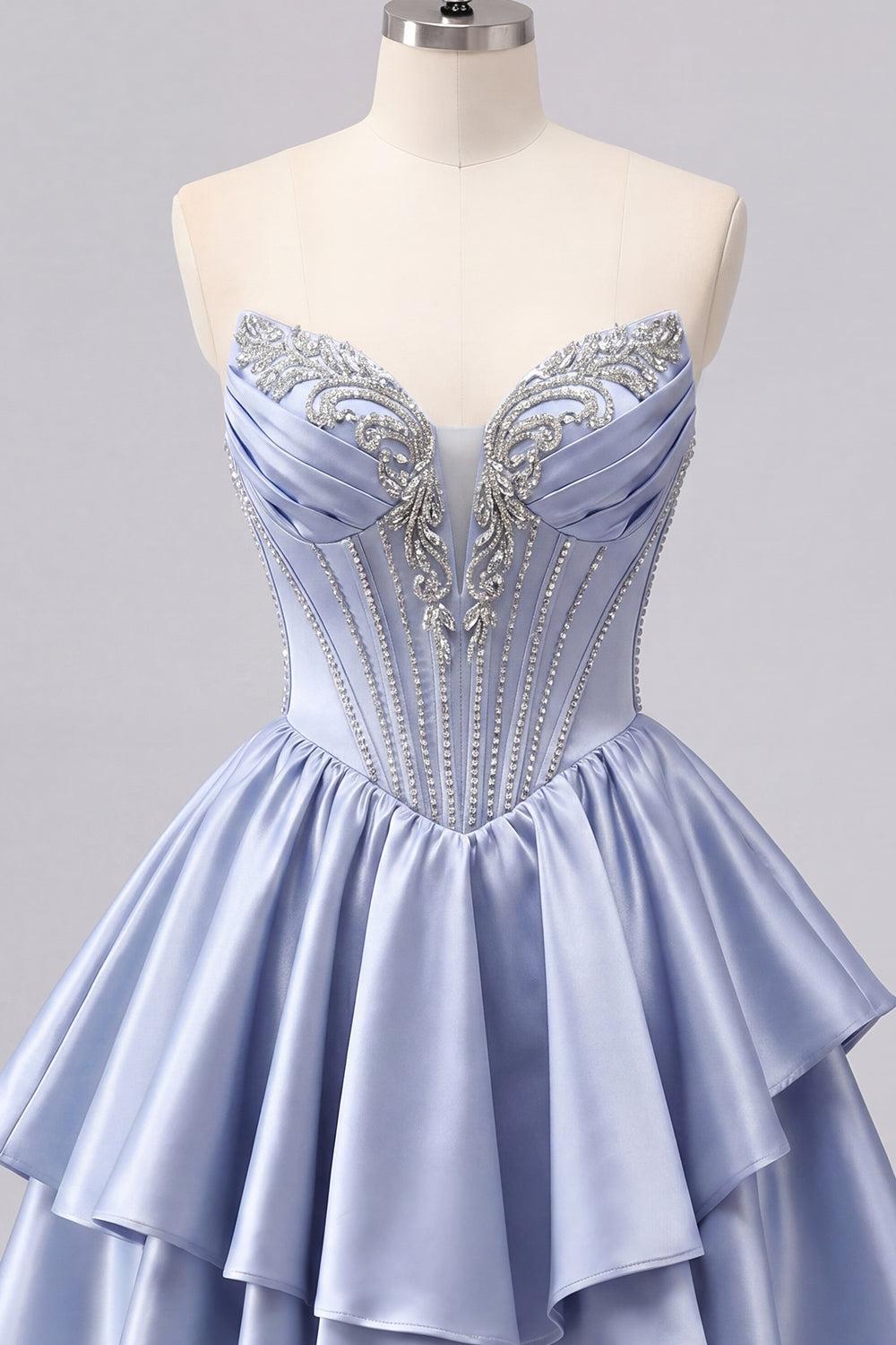Sparkly Grey-Blue Beaded A-Line Corset Short Homecoming Dress with Ruffles