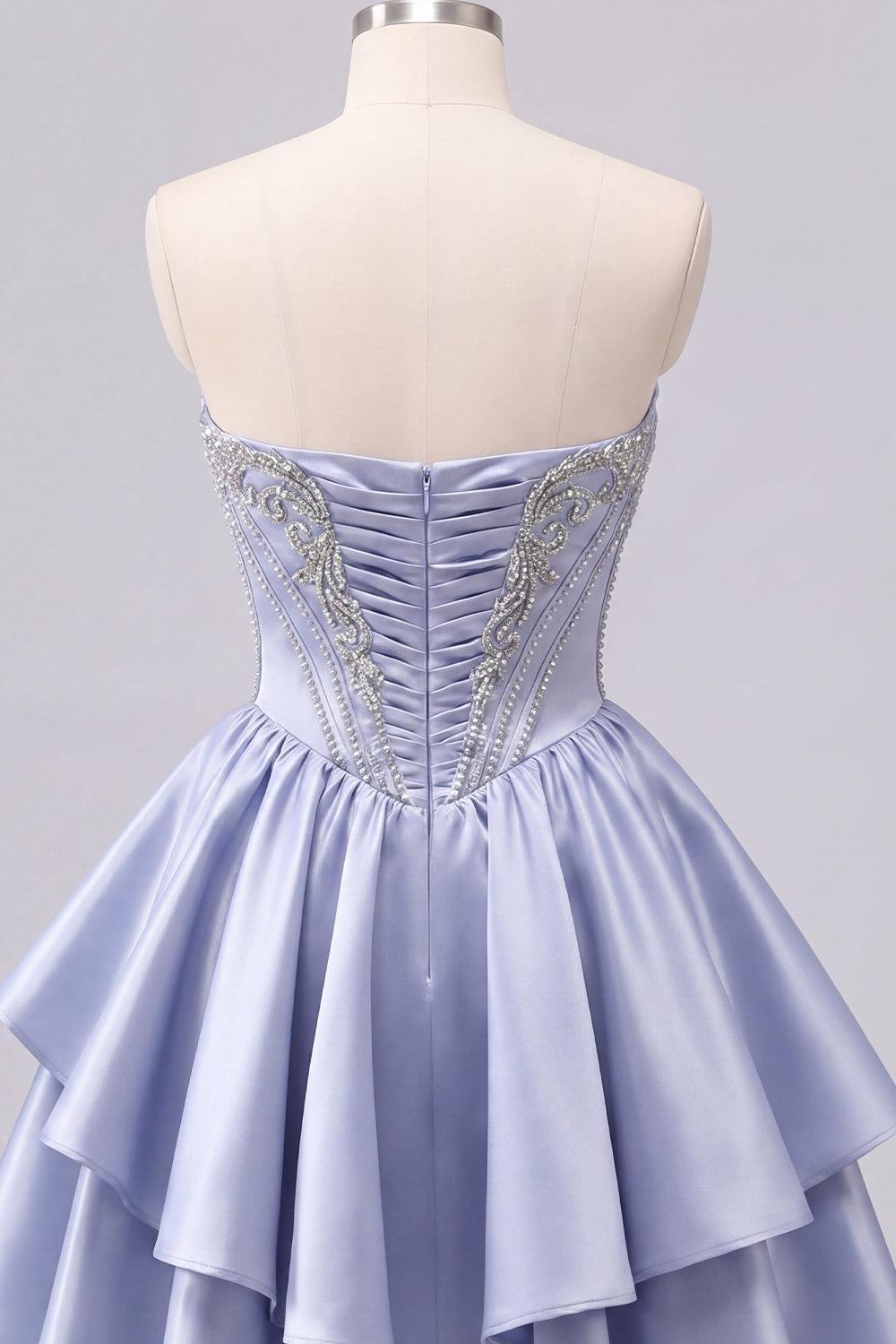 Sparkly Grey-Blue Beaded A-Line Corset Short Homecoming Dress with Ruffles