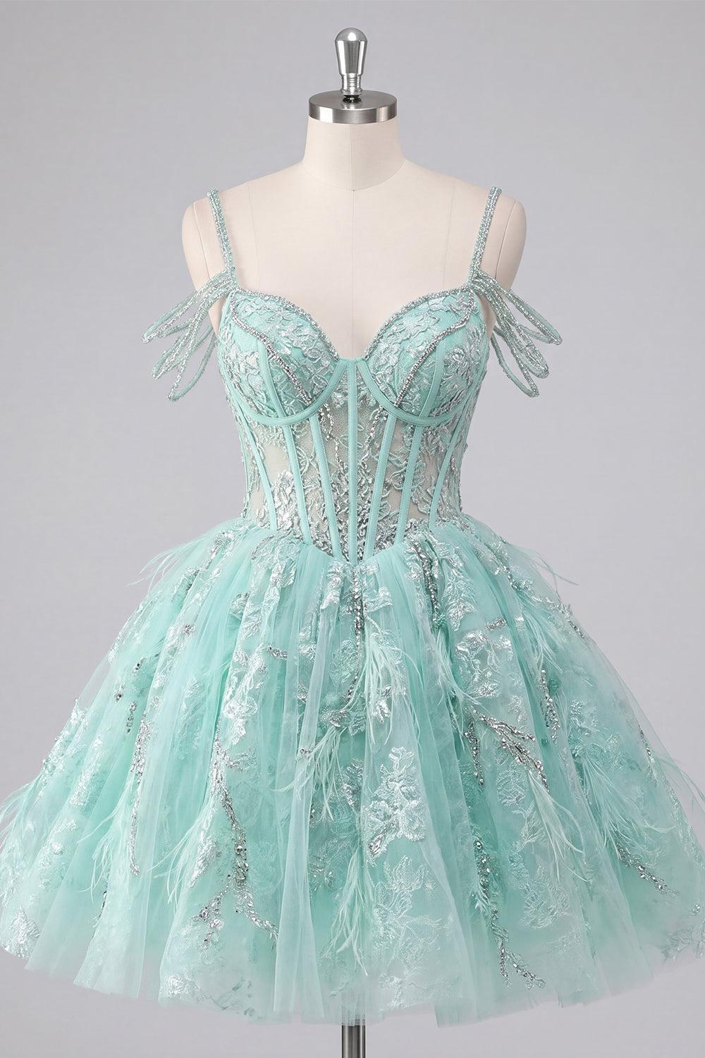 Sparkly Mint Cold Shoulder Floral Corset Short A Line Beaded Homecoming Dress