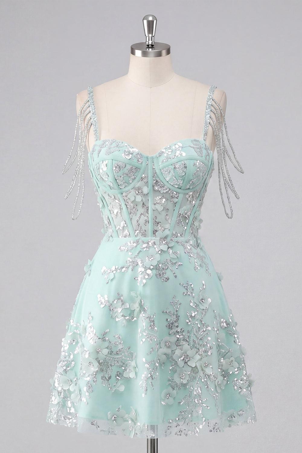 Sparkly Mint Floral Short A Line Corset Cold Shoulder Beaded Homecoming Dress