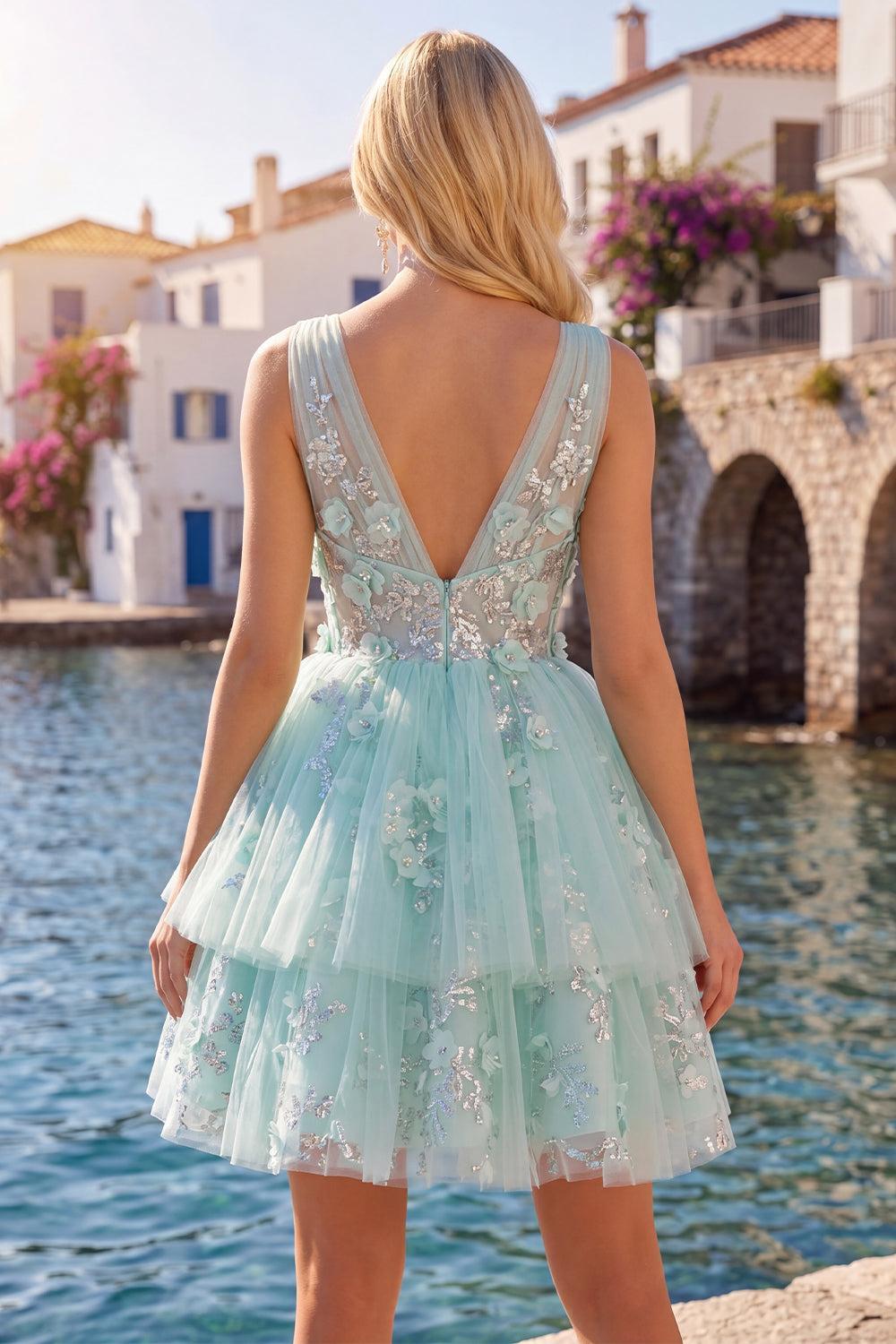 Sparkly Mint Short A Line V-Neck Floral Beaded Homecoming Dress with Ruffles