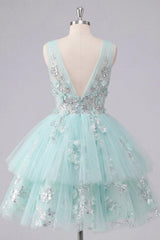 Sparkly Mint Short A Line V-Neck Floral Beaded Homecoming Dress with Ruffles