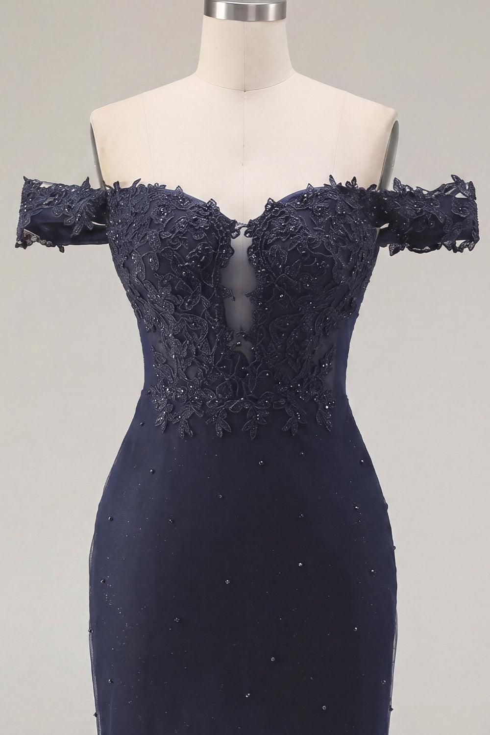 Sparkly Navy Off-the-Shoulder Beaded Ruched Tight Short Homecoming Dress