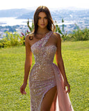 Sparkly One Shoulder Sequins Mermaid Prom Dress with Detachable Side Tail