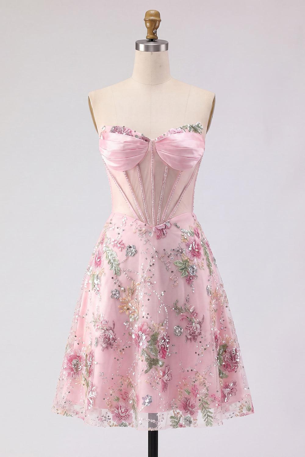 Sparkly Pink A Line Short Beaded Corset Strapless Floral Homecoming Dress