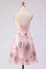 Sparkly Pink A Line Short Beaded Corset Strapless Floral Homecoming Dress