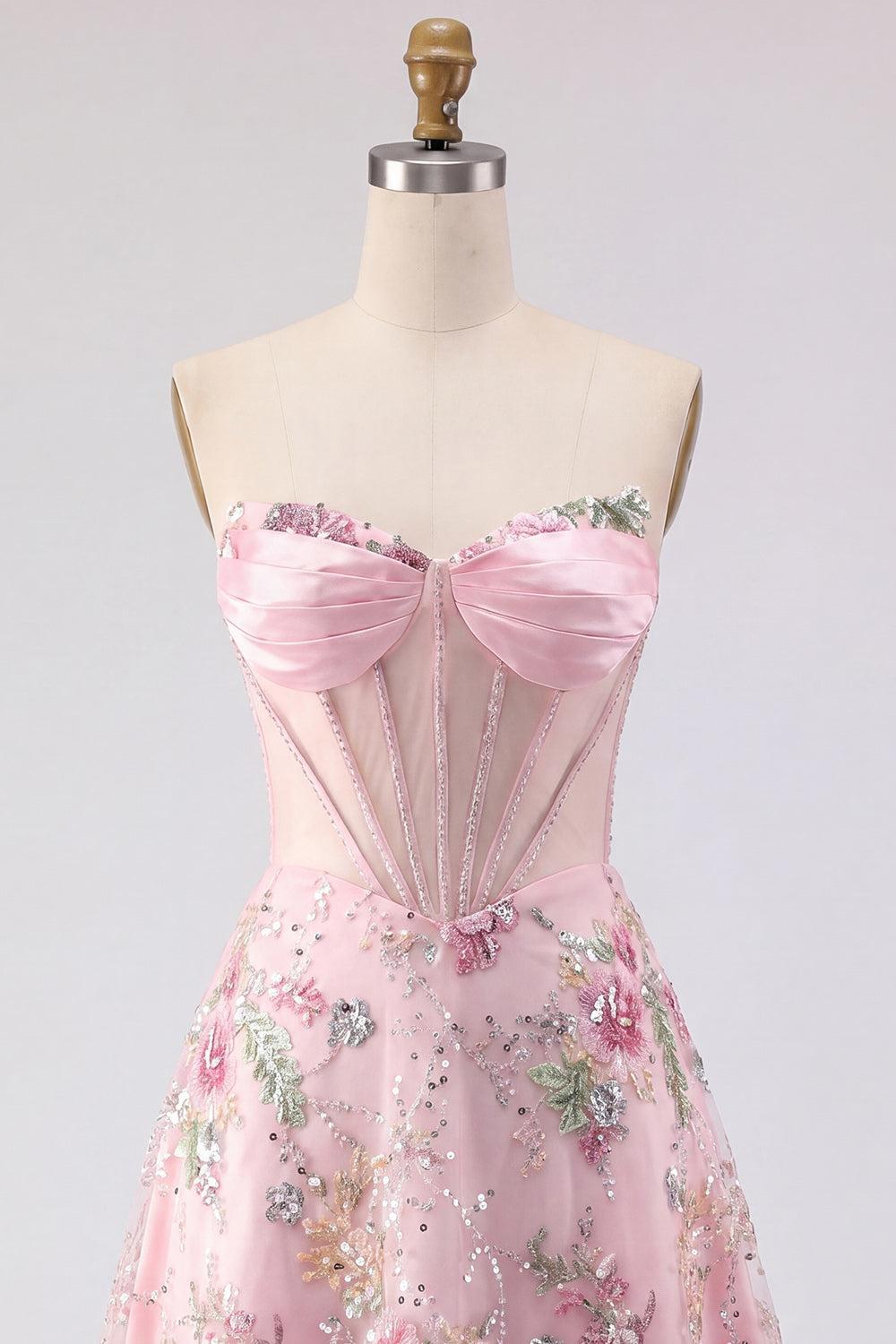Sparkly Pink A Line Short Beaded Corset Strapless Floral Homecoming Dress
