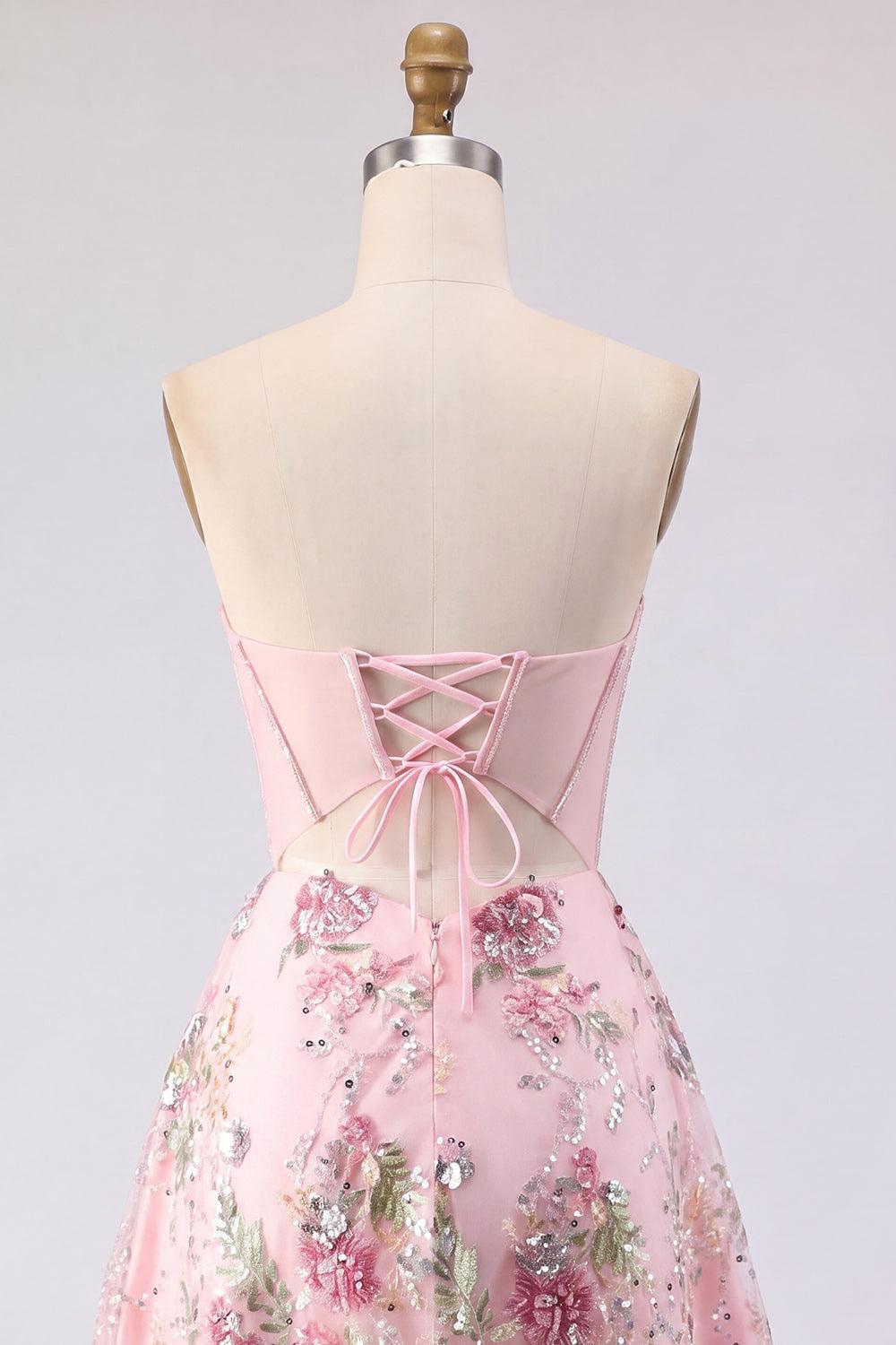 Sparkly Pink A Line Short Beaded Corset Strapless Floral Homecoming Dress