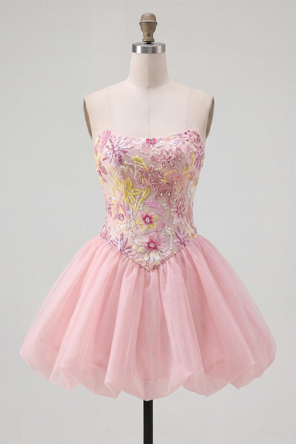 Sparkly Pink A Line Strapless Beaded Floral Short Homecoming Dress