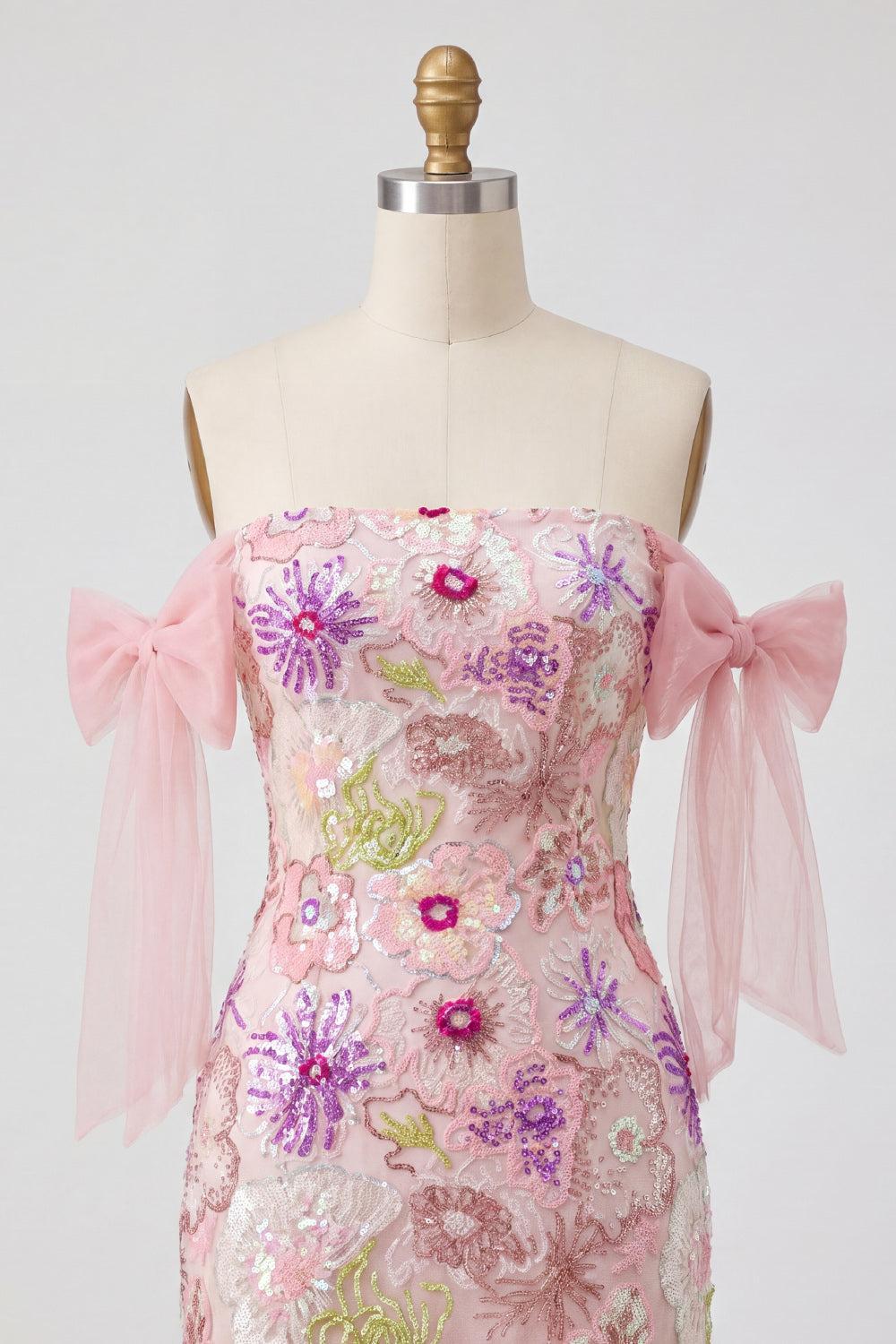 Sparkly Pink Beaded Strapless Floral Tight Short Homecoming Dress with Bows