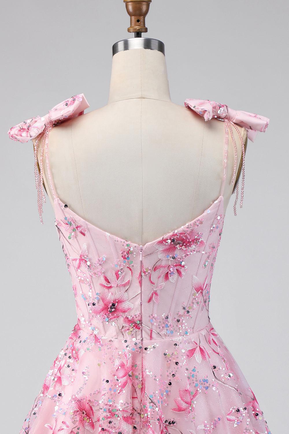 Sparkly Pink Floral A Line Short Beaded Homecoming Dress with Bows