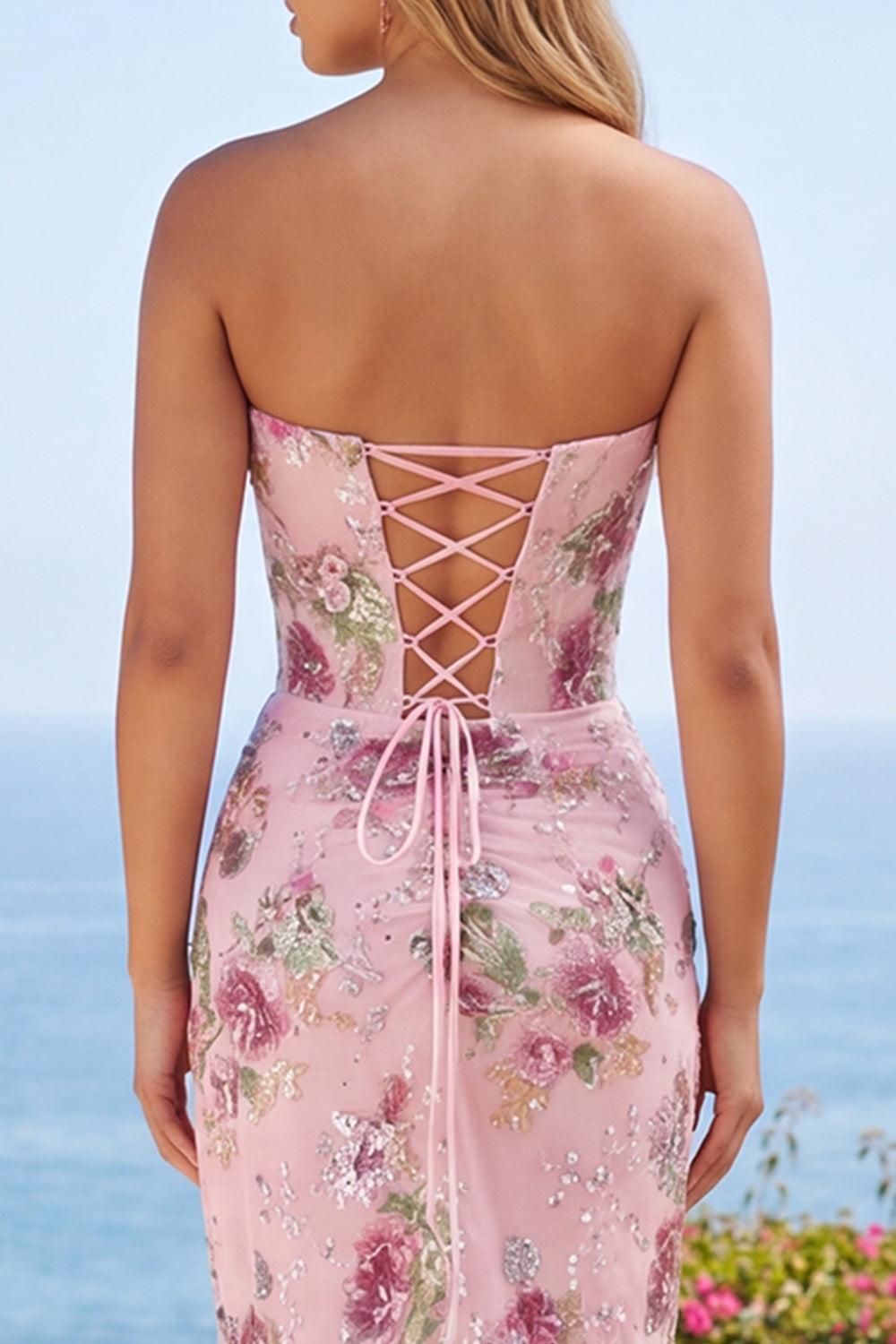 Sparkly Pink Floral Corset Tight Short Ruched Beaded Homecoming Dress with Slit