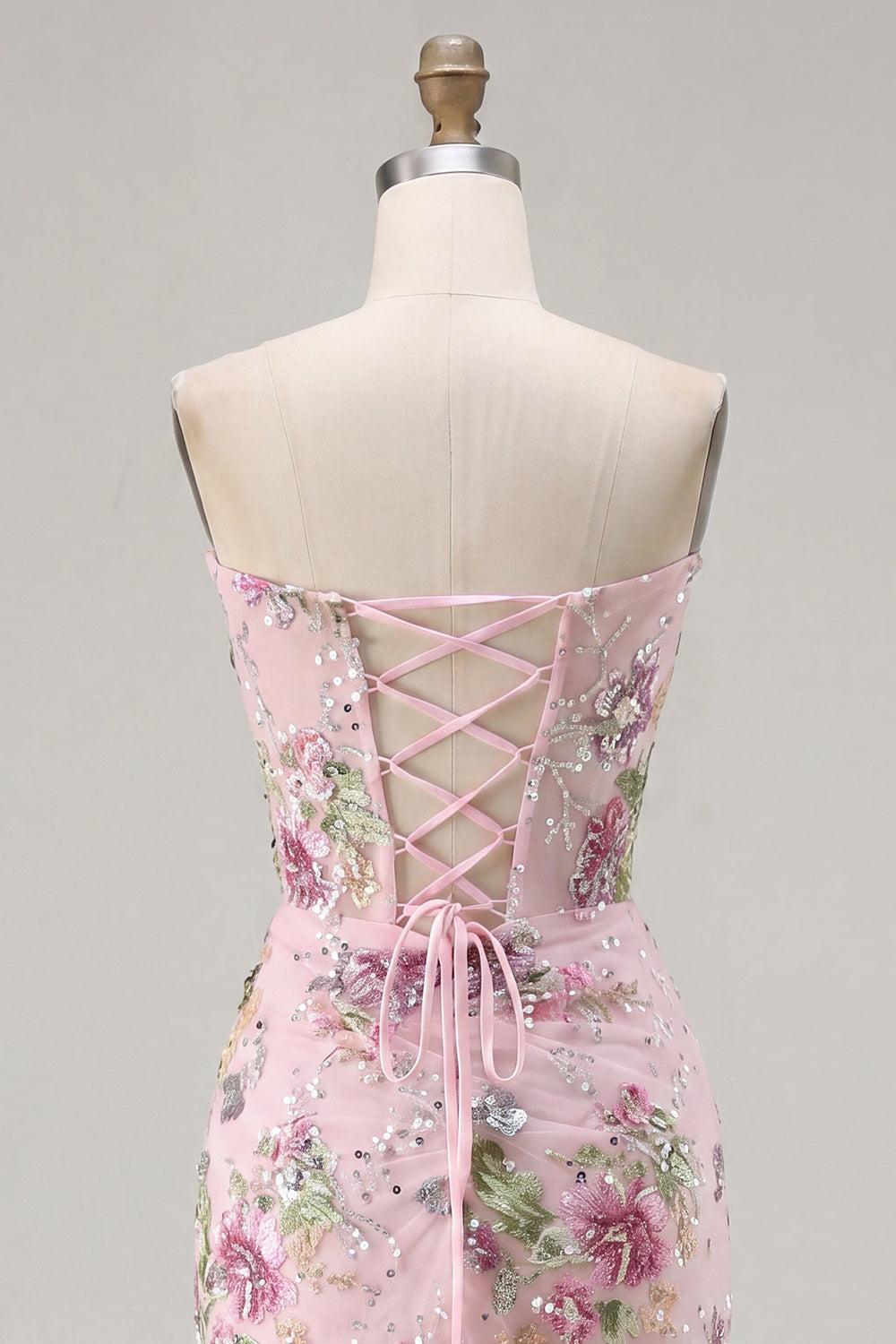 Sparkly Pink Floral Corset Tight Short Ruched Beaded Homecoming Dress with Slit
