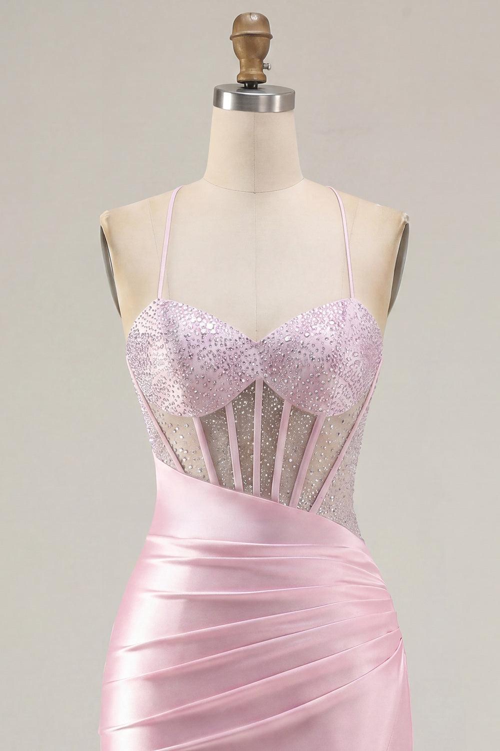 Sparkly Pink Ruched Corset Tight Beaded Short Homecoming Dress with Slit