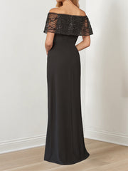 Sparkly A Line Long Mother of the Bride Dress with Portrait Neckline