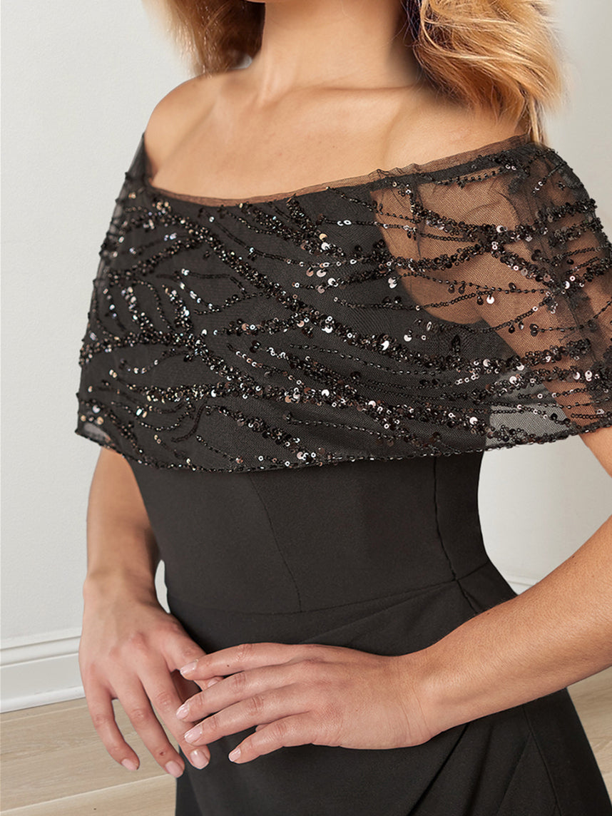 Sparkly A Line Long Mother of the Bride Dress with Portrait Neckline